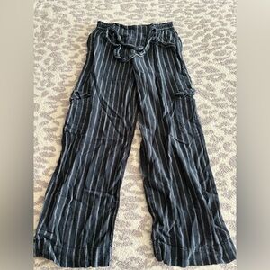 navy striped high rise wide leg cargo pants